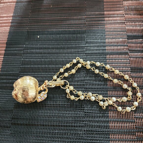 Gold Toned & Rhinstone Apple Pendant on Dua Strand Faux Pearl Bracelet - Picture 6 of 10